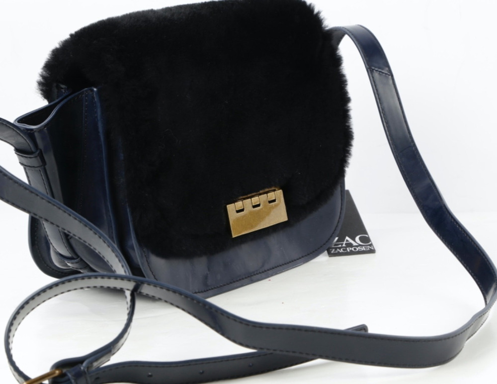 Zac Posen Bag Eartha Accordion Midnight Navy Black Patent Leather Shearling Fur